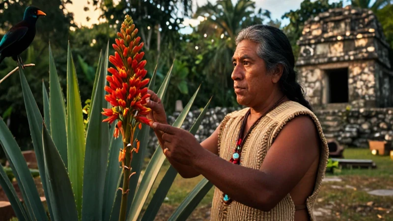 Agricultor examina agave, cuetzal y ruinas
