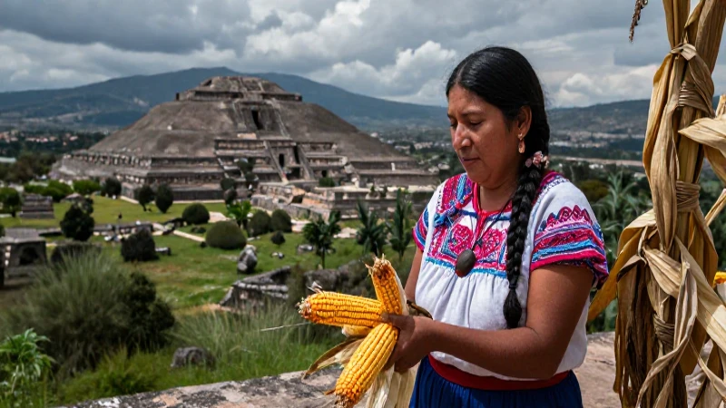 Mujer mesoamericana cosecha maíz frente a Teotihuacán