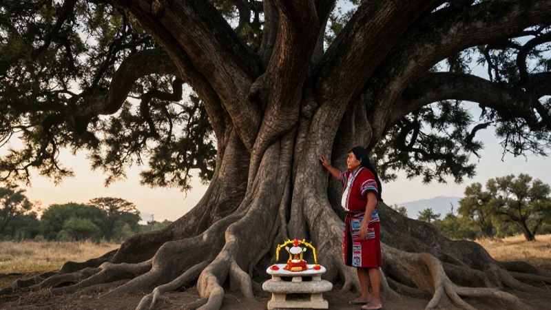 El ahuehuete: árbol ritual prehispánico lleno de historia 40 Chamán ancestral y altar sagrado bajo Ahuehuete