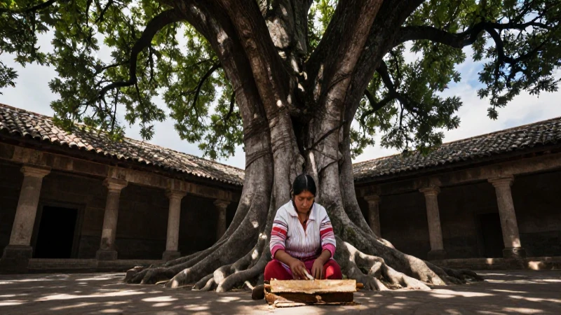 El ahuehuete: árbol ritual prehispánico lleno de historia 43 Mujer prehispánica moliendo corteza bajo un ahuehuete antiguo