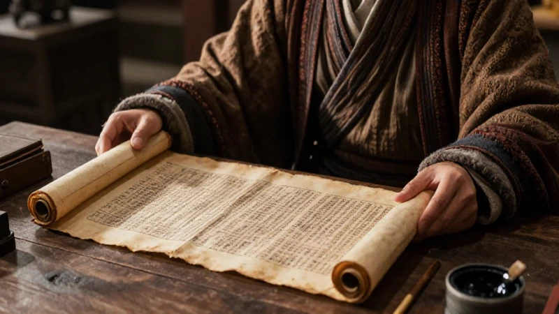 Qué es un manuscrito pictográfico y su importancia histórica 2 Erudito antiguo examina pergamino histórico en luz dramática