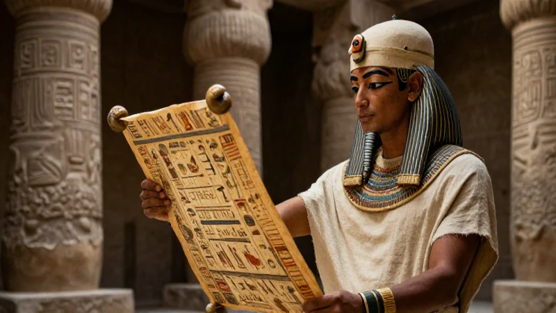 Qué es un manuscrito pictográfico y su importancia histórica 3 Egiptólogo examina papiro antiguo en ruinas