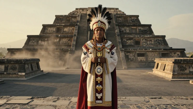 Qué importancia histórica y cultural tiene Tula para los Mexicas 6 Sacerdote mexica en plaza antigua al atardecer