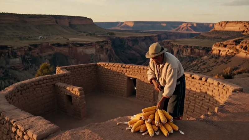 Qué características culturales y económicas tiene Oasisamérica 19 Hombre cose maíz en paisaje antiguo del suroeste