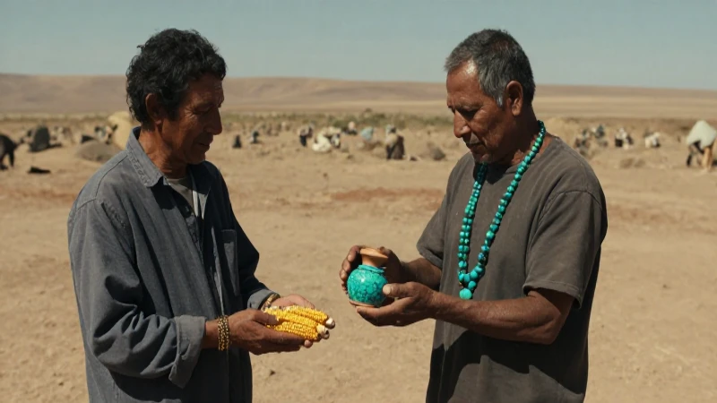 Qué características culturales y económicas tiene Oasisamérica 24 Comerciante nativo cambia turquoise por maíz en un paisaje desértico
