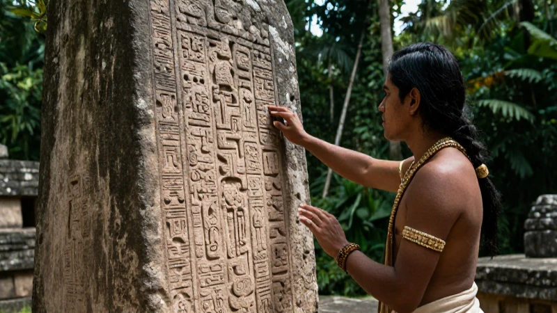 Cultura Maya: Historia, Origen y Periodo de una Civilización 148 Sacerdote maya lee glifo en templo ancestral
