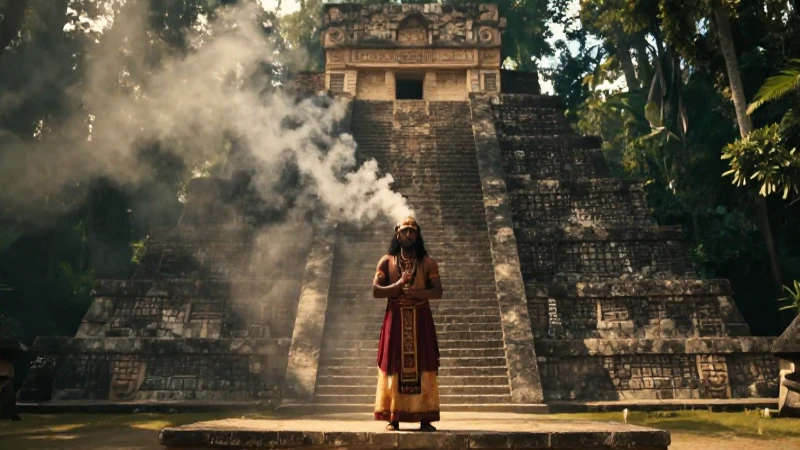 Cultura Maya: Historia, Origen y Periodo de una Civilización 145 Sacerdote maya en ritual frente a pirámide