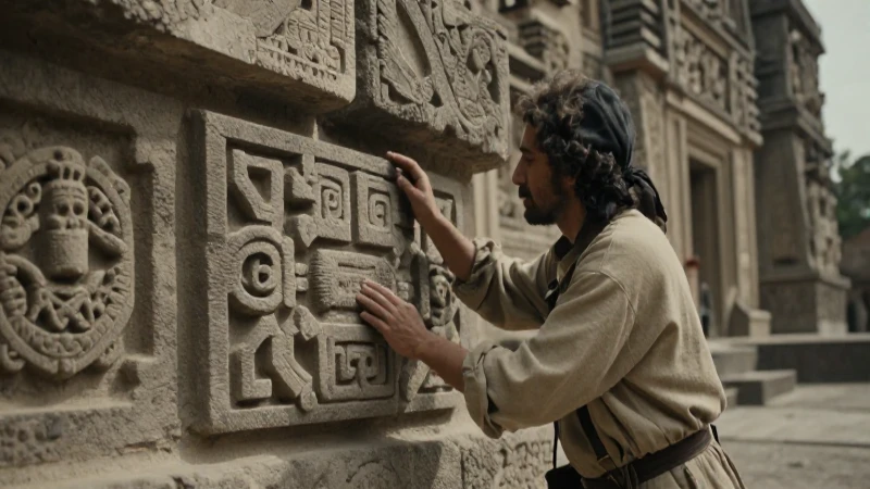 Arqueólogo examina ruinas aztecas con atmósfera dramática
