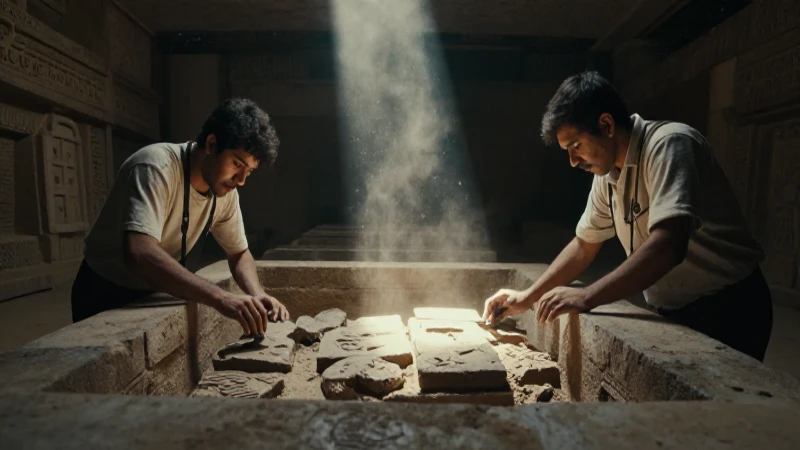 Arquitectos desenterrando piedras aztecas bajo luz dramática