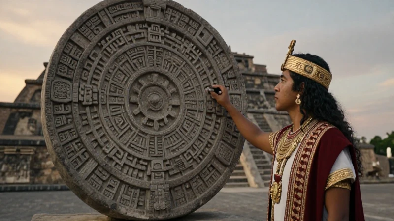 Noble azteca contempla calendario frente al Templo Mayor