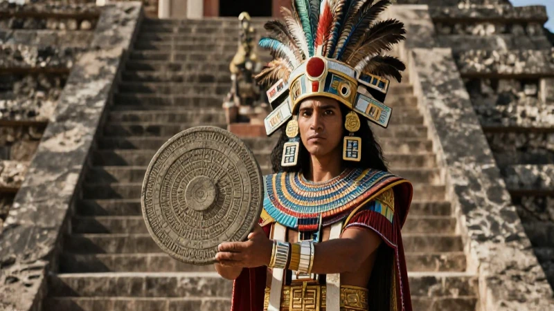 Sacerdote azteca sostiene calendario en Templo Mayor