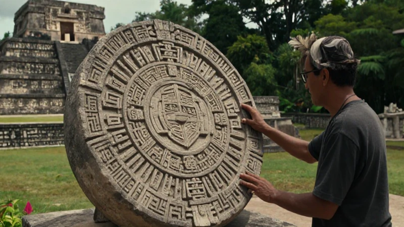 Scholar estudia la piedra azteca en un entorno majestuoso