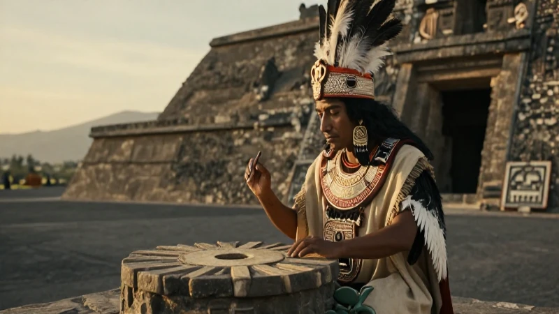 Cuál es el significado y características del Calendario Azteca 7 Sacerdote azteca dibuja piedra solar en Tenochtitlan