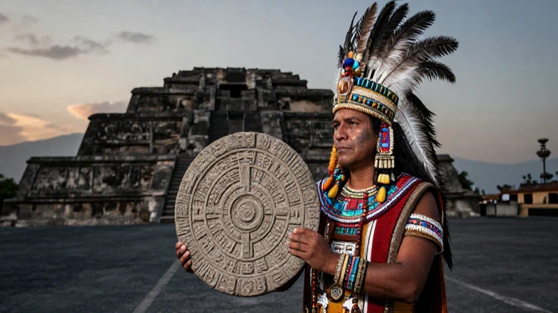 Cuál es el significado y características del Calendario Azteca 5 Sacerdote azteca con calendario en el Templo Mayor al anochecer