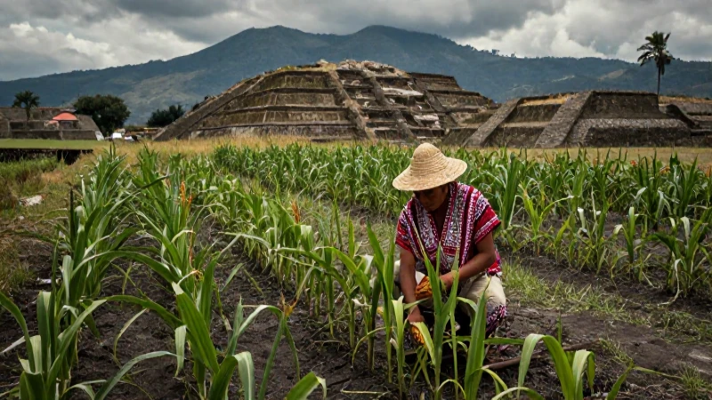 Agricultor azteca cultiva maíz en chinampa