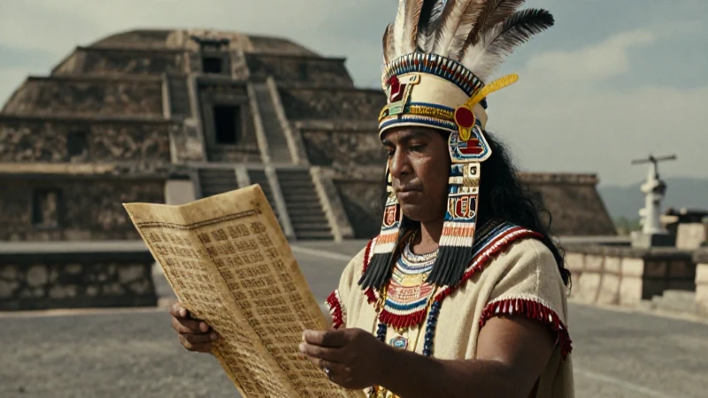 Sacerdote azteca lee códices en Tenochtitlan