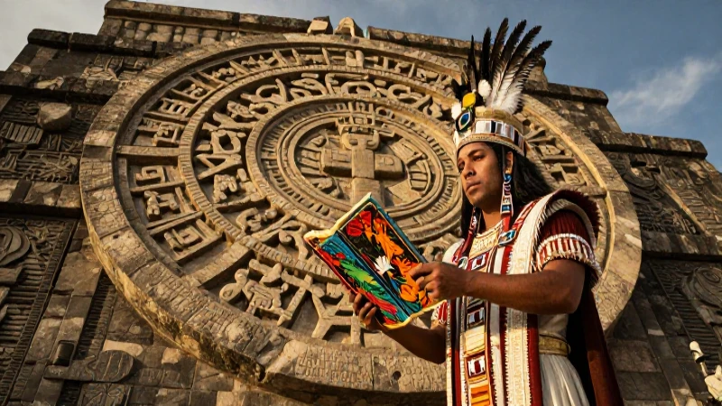 Sacerdote azteca observa calendario mesoamericano bajo luz dorada