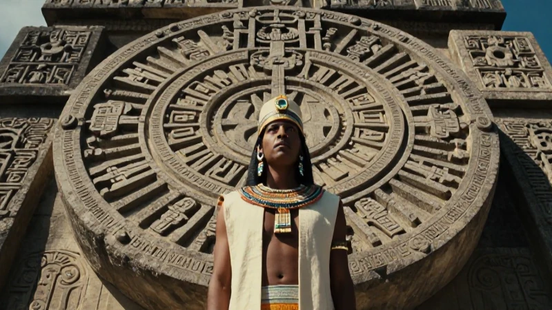 Sacerdote azteca ante el Templo Mayor con dramática iluminación