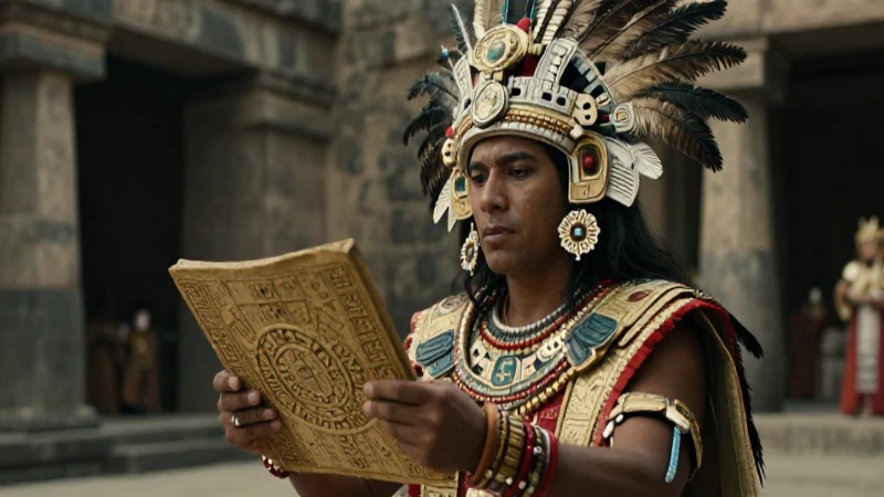 Sacerdote azteca consulta codex en Tenochtitlan