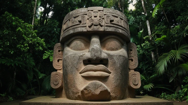 Cabeza Olmeca colosal en la selva antigua