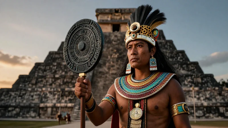 Tezcatlipoca: Significado y Mitos del Dios Azteca del Jaguar 2 Guerrero azteca en ceremonia junto a pirámide