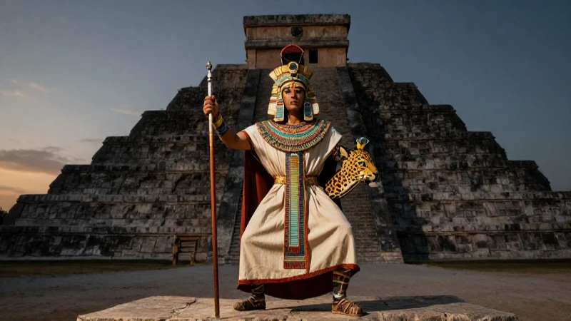 Tezcatlipoca: Significado y Mitos del Dios Azteca del Jaguar 5 Sacerdote azteca y jaguar ante una pirámide