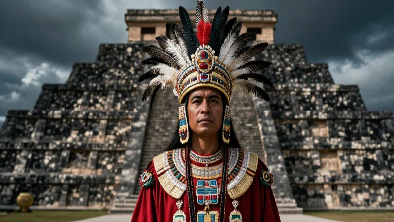 Sacerdote mexica en pirámide de Mesoamérica