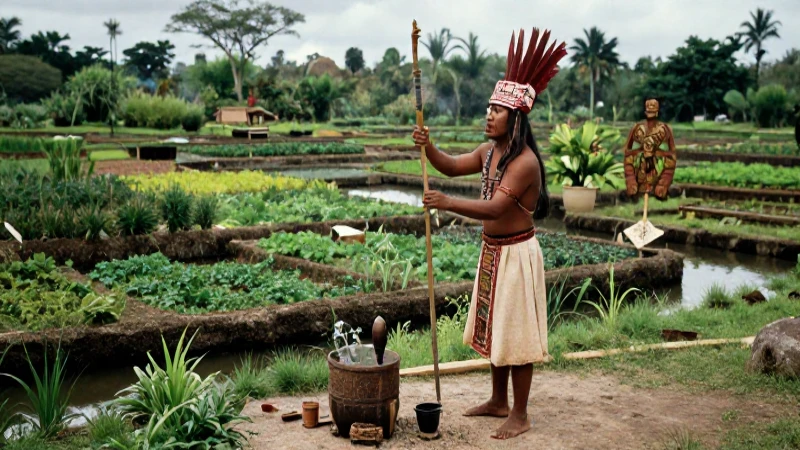 Sacerdote azteca realiza ritual en chinampas exuberantes