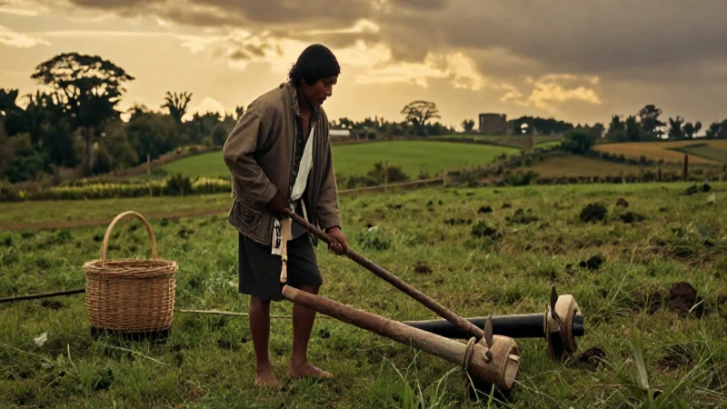 Agricultor indígena cosechando con herramientas tradicionales al atardecer