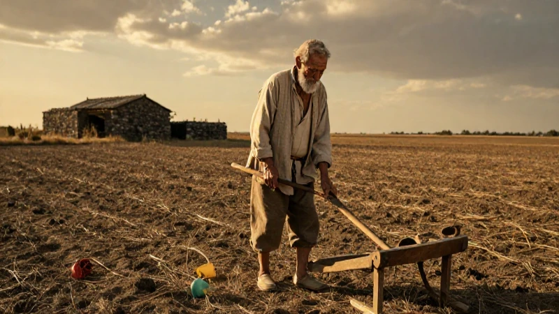 Campesino trabajando en campo al atardecer