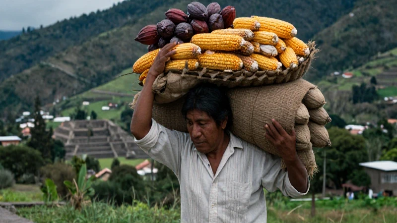 Recaudador mexica y Konchi con cosechas en el Valle de México