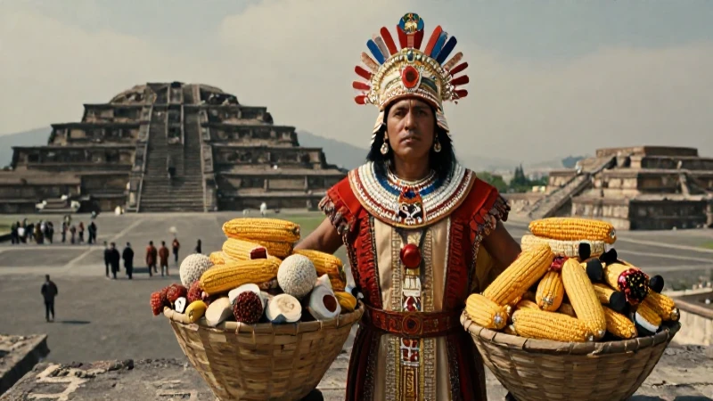Mexica con ofrendas y templos en Tenochtitlan