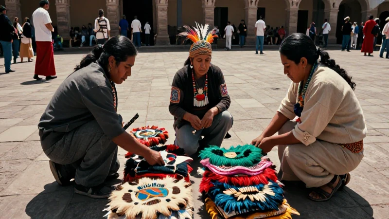 Recolectores mexicas examinan vestimentas en un templo