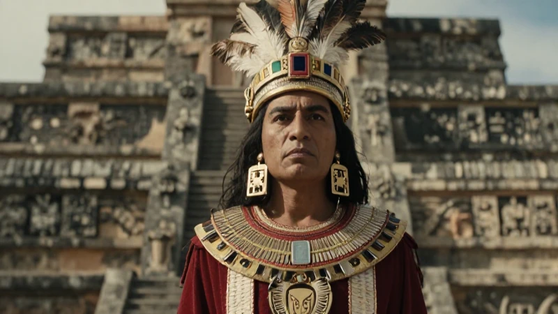 Sacerdote mexica imponente con templo mesoamericano
