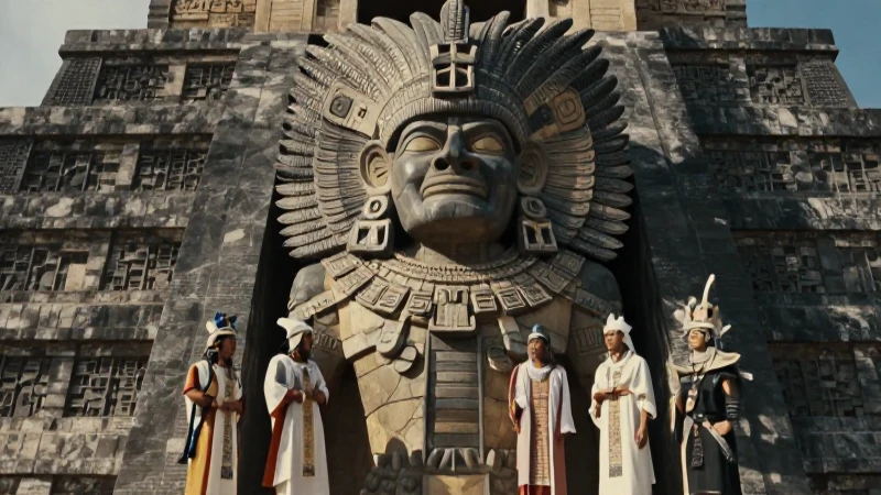 Quetzalcóatl gigante con sacerdotes en pirámide