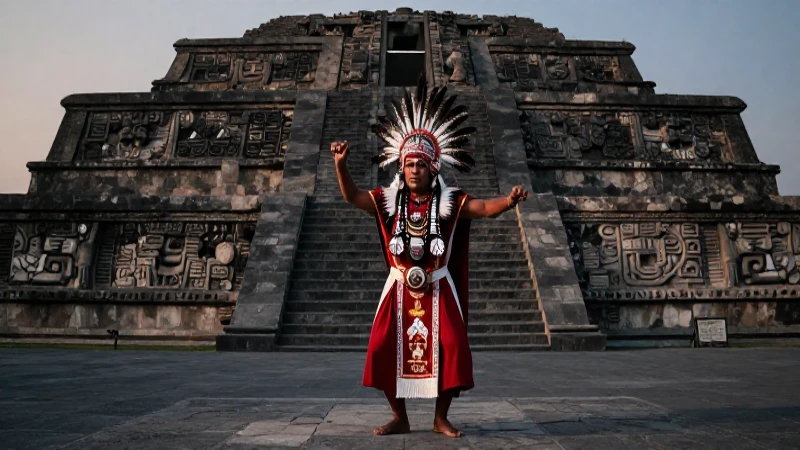 Quetzalcóatl: El Dios Azteca y su Influencia Cultural 33 Sacerdote nahua danza ante el Templo Mayor al amanecer