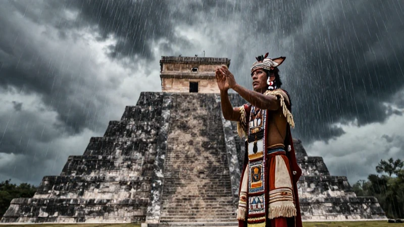 Sacerdote tolteca realiza rito de lluvia bajo tormentas