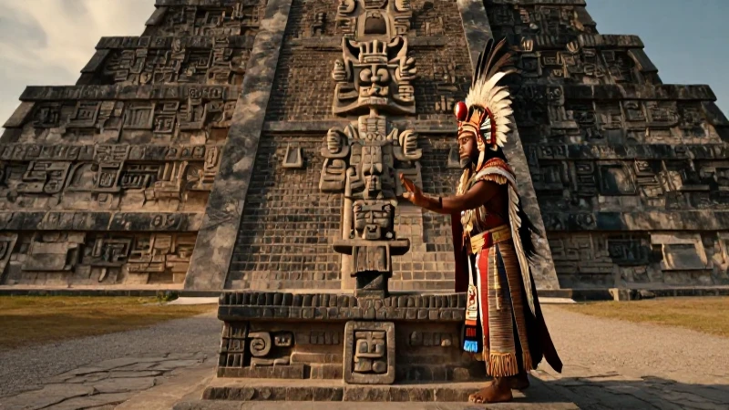 Sacerdote tolteca ritual en pirámide con Quetzalcóatl