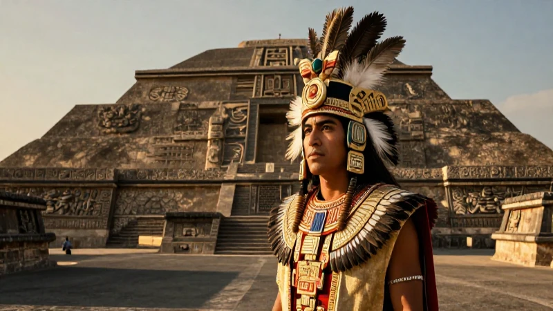 Dónde se encuentra el Templo de Quetzalpapálotl en Teotihuacan 4 Sacerdote de Teotihuacán ante una pirámide al atardecer