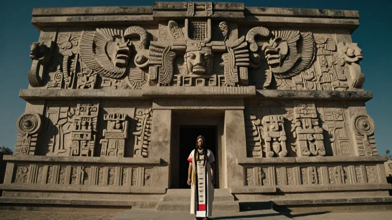 Dónde se encuentra el Templo de Quetzalpapálotl en Teotihuacan 3 Sacerdote Teotihuacano en templo bajo luz intensa