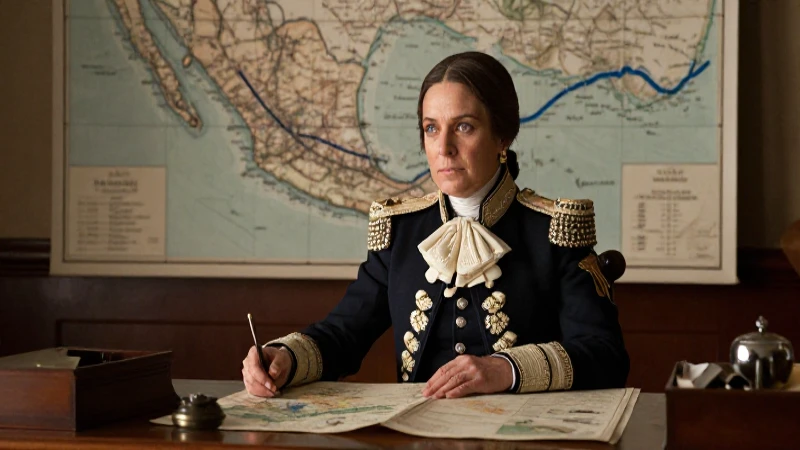 Retrato histórico de Victoria frente a mapas