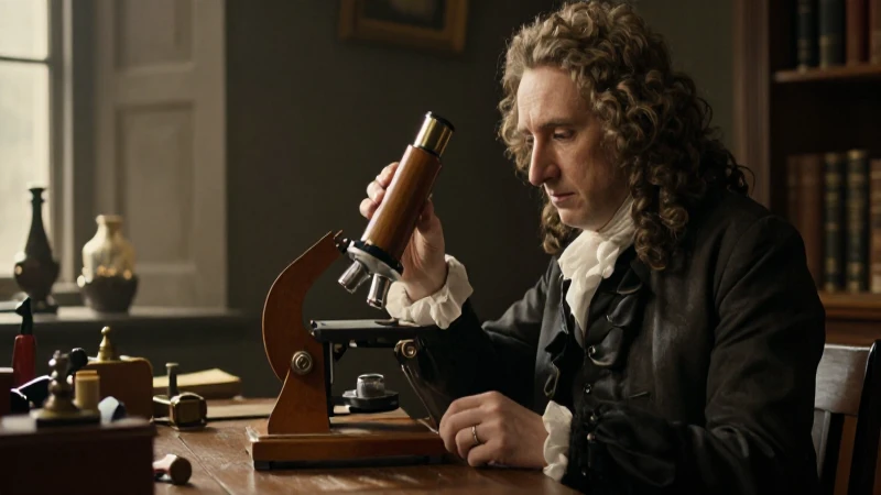 Robert Hooke en su estudio con microscopio