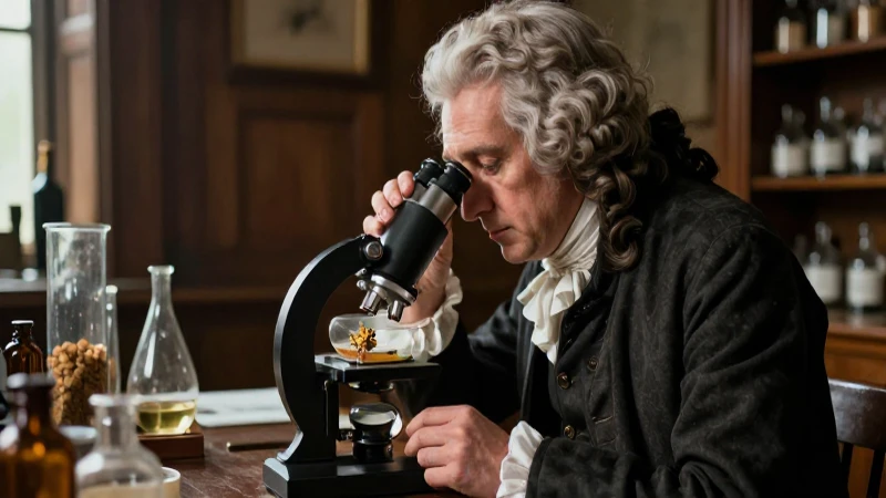 Hooke observa el corcho con un microscopio