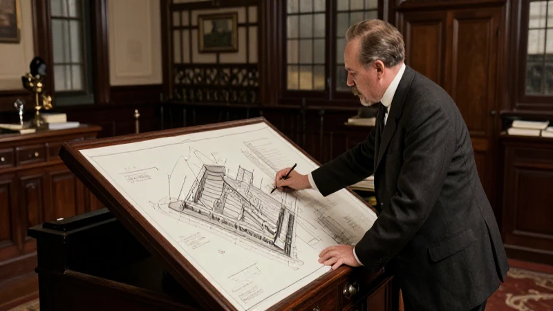 Arquitectos revisando planos en oficina de 1906