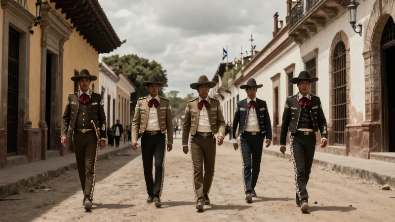 Soldados mexicanos de 1906 en calle colonial