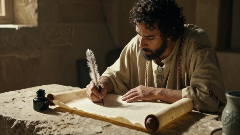 Quiénes eran los escribas en la Biblia y qué significan 253 Escribiendo en pergamino bajo luz dramática