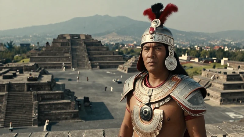 La Triple Alianza: Estrategia y Formación del Imperio Mexica 9 Guerrero mexica ante el Templo Mayor de Tenochtitlan