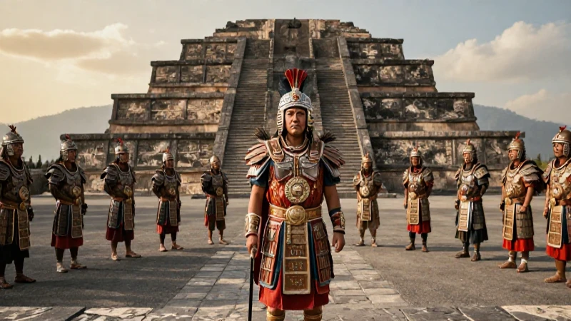 La Triple Alianza: Estrategia y Formación del Imperio Mexica 13 General mexica lidera consejo ante el Templo Mayor
