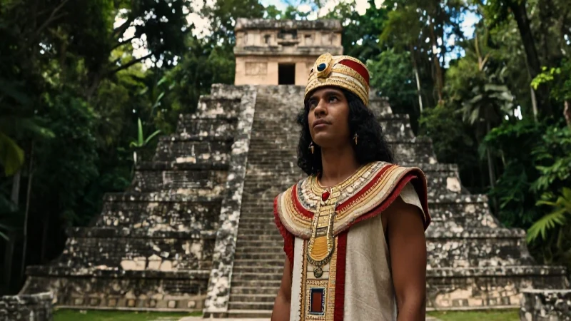 Sacerdote maya ante pirámide antigua en selva