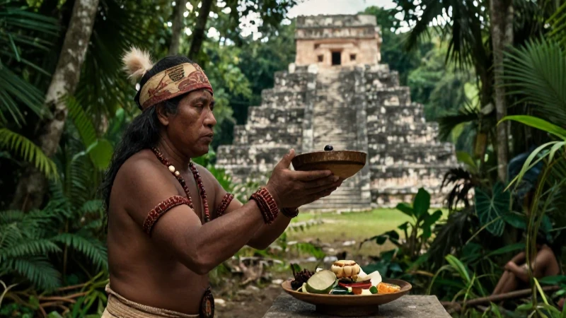 Sacerdote maya realiza ritual ante pirámide en jungla